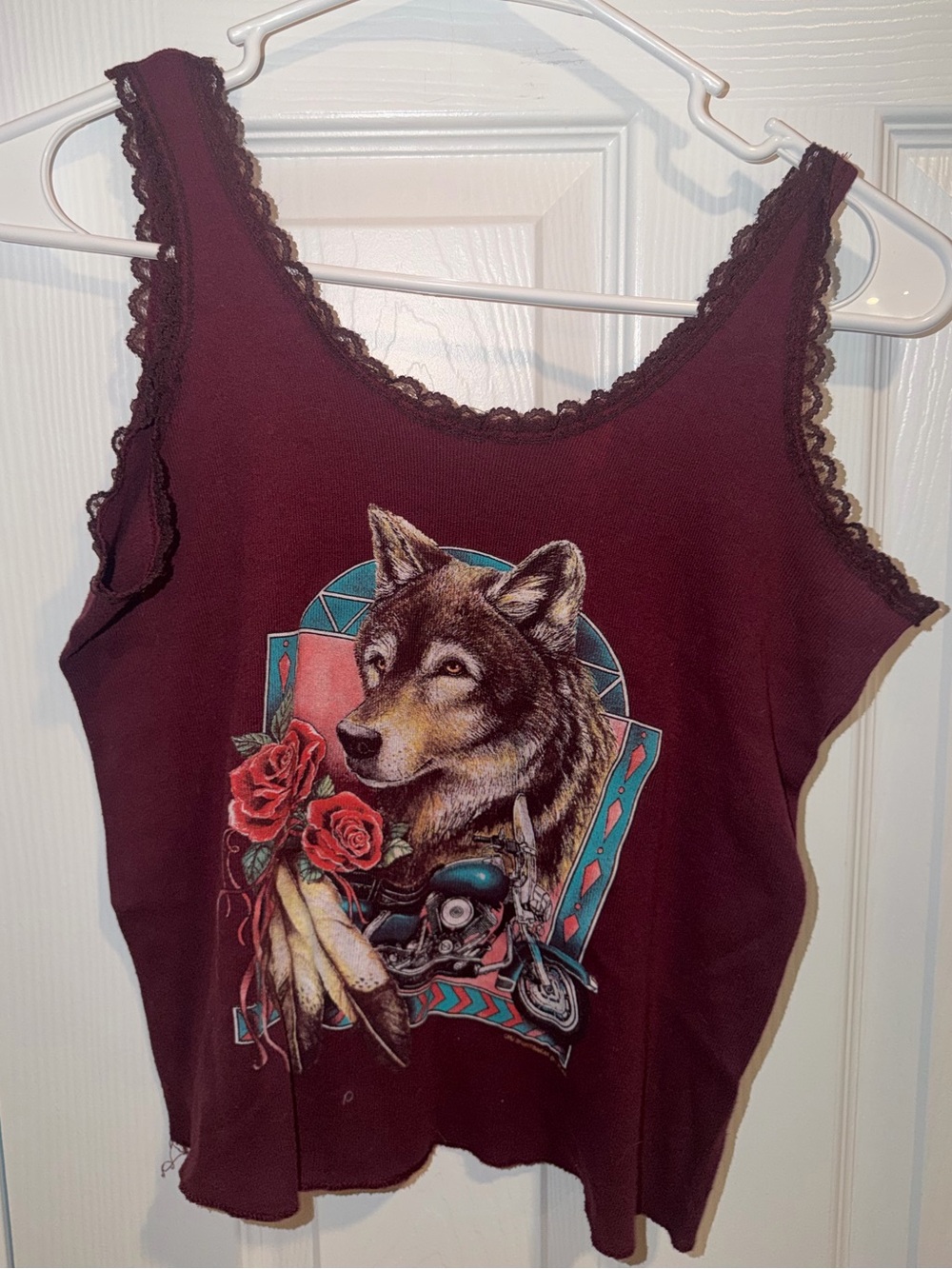 ✨VintageWolf Graphic Lace Tank Burgundy Biker Girl Y2K RARE✨